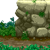 Pixel art scene showing stacked rock formations with green vegetation on a brown dirt ground under gray sky.