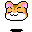 Pixel art hamster head with orange-brown fur, white cheeks, pink inner ears and blush marks, black eyes closed in a smile, small mouth showing teeth.