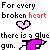 Pixelated text and icons repeat in a pattern with pink hearts, purple glue guns, and red 'broken heart' phrases on white background
