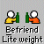 Pixelated cartoon figures in yellow and orange shirts interact with green bottles, with text below reading "Befriend Lite weight" on a gray background.