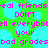 Pixelated text in bright pink on a green background with cyan circular shapes, repeating phrases about grades and friends.