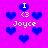 Pixelated icon with bright purple background and blue hearts, displaying 'I <3 Joyce' text in white pixel font.