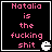 Four identical black square with pink text and white pixelated icons, each displaying "Natalia is the fucking shit" in pixelated font