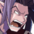 Pixelated static image of a cartoon character with pink skin, dark hair, and an exaggerated open-mouthed expression against a purple background.