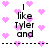 Pixelated pink hearts float around black text reading "I like Tyler and" on a white background with dashed lines separating sections.