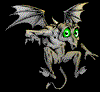 Animated creature with green eyes, gray wings, and a tail in multiple poses against black background.