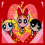 Pixelated cartoon characters with large eyes and bows stand in front of a heart-shaped background, changing from red to pink hearts across frames.