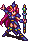Pixel art character with long pink hair and blue armor holding a staff, shown in six sequential poses with changing weapon effects.