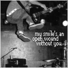 Black-and-white concert photo of a musician playing guitar with text overlay, transitioning to include 'falloutboy' text at bottom.
