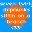 Blue background with four identical orange starburst shapes containing white text reading 'seven twirly chipmunks sittin on a branch (33!)' in pixelated font.