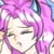 Pixelated static image of a character with closed eyes, pink hair, and a light-colored face, set against a blurred background with purple and blue tones.