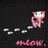Pixelated pink cat with white face and black eyes stands on footprints, text reads 'help me...', 'meow.', 'i'm lost.' in pink and gray.