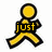 Yellow stick figure with black outline walking, displaying text 'just', 'keep', and 'runnin''