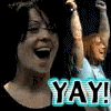 Two side-by-side animated frames show a person with dark hair and another with light brown hair raising arms in celebration, each frame featuring bold text reading "YAY!" in distinct colors.