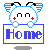 Pixel art character with blue ears and red cheeks holding a sign reading 'Home' in blue text on beige background.