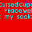Red background with cyan pixelated text repeating 'CursedCupcursedCup', 'PEacewel PEacewel', and 'my sock: my sock:' with a purple heart symbol above the 'Cup' text.