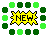 Three identical animated frames of a pixel art buddy icon featuring a yellow 'NEW' burst surrounded by green and dark green squares on a gray background.