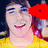 A person in a yellow shirt with a red play button icon on the left side of the face, transitioning to an orange play button icon on the right side of the face.