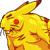 Pixelated yellow creature with red cheek circles, brown-tipped ears, and a muscular build against gray background.