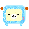 Pixelated cartoon bear with black eyes and a white snout inside blue crystalline frame, brown ears, pink dots on right side.