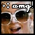 nine identical pixelated images showing a person wearing white sunglasses with dark lenses, each featuring 'omg!' text and heart symbols at the top