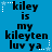 Blue background with black text reading "kiley is my kileyten luv ya" repeated in a , surrounded by white and light blue star-shaped pixel decorations