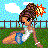 Pixelated image of a woman in blue and white clothing sitting on grass with a fence, sky, and explosion effect near her head.