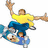 Pixelated figure in yellow shirt and blue pants performing a trick on a skateboard with arms outstretched against white background, adjacent to cyan with "Sk8r" text