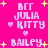 Pixelated text and symbols on a bright pink background with yellow stars, featuring repeated names in white block letters.
