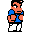 Pixelated character in blue shirt and white pants performing sequential martial arts poses against gray background.