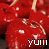 Red candy apples with white sugar crystals and wooden sticks, each labeled 'yum' in pixelated text.