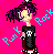 Pixel art buddy icon of a stylized character with purple hair against bright pink background, featuring cyan text elements and punk-inspired clothing.