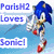 Blue anthropomorphic hedgehog with green eyes and red shoes in various poses, including running and standing, with text reading 'ParishH2 Loves Sonic!' on a light blue background.