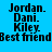 Four identical pixelated text display names and 'Best friend' on blue, green, and cyan backgrounds with black lettering