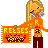 Pixelated character with blonde hair and closed eyes holds an orange banner reading REESSES in yellow text, wearing an orange sweater with R and patterned design.