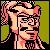 Pixelated static icon of a character with pink hair and glasses against a green background, rendered in 8-bit style with black outlines and dithering effects.