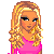 Pixel art of a blonde woman in pink top and dark pants with Roxy Guri text, four heart-shaped symbols, and separate clothing parts.