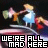 Animated sequence of Alice in a blue dress holding a flower, with 'WE'RE ALL MAD HERE' text where 'MAD' changes color across frames.