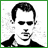 Pixelated black-and-white image of a person with short dark hair and sunglasses, next to stylized 'GC' monogram on white background.