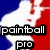 Pixelated icon with blue and red background, white central shape, and black text reading 'paintball pro' in two lines.