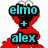 Pixelated red figure with raised arms holding black text blocks reading 'elmo' and 'alex', a cyan plus sign between them, on white background.