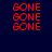 Red pixelated text "GONE" repeated across four quadrants on dark blue background with green horizontal bars in two quadrants.