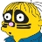 Pixelated yellow character with wide black eyes, pink nose, and blue clothing, rendered in 48x48 static style with visible dithering.