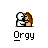 Animated contact sheet of pixel art buddy icons showing a couple in various poses with changing props and expressions, all labeled "Orgy" below each frame.