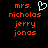 Pixelated text displays 'mrs. nicholas jerry jonas' with a light blue heart symbol above the name on black background.