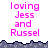 Pixelated text reads "loving Jess and Russel" in pink on white, with a dark blue pixel border at the bottom of each frame.