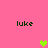 Pixelated pink background with four 'luke' text labels and three heart symbols in green, gold, and yellow.