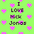 Green background with pink hearts and repeated text "I LOVE Nick Jonas" in black pixelated font.