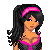 Pixel art contact sheet showing a female character in black and pink attire with text panels reading "I hope your single cuz i'm free!" on a gray background.