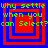 Four identical pixelated display green text over red and blue concentric squares with a central blue square